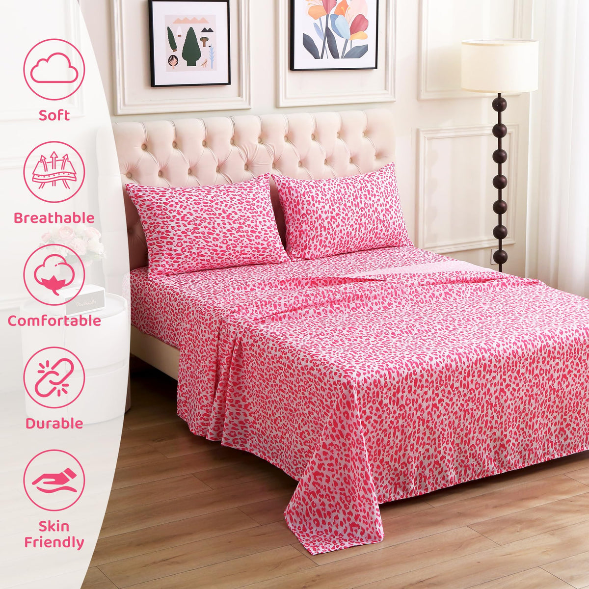 Mooreeke Leopard Cheetah Printed Full Bed Sheets, Soft Microfiber Bedding Sheets & Pillowcases, Deep Pocket Non-Slip Fitted Full Sheet, Pink Animal Pattern Bedsheets