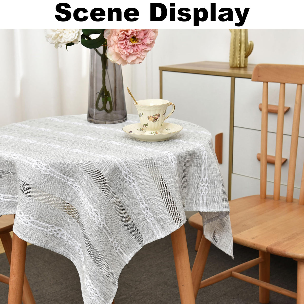 Limalred Farmhouse Striped Embroidery Small Square Tablecloth, Openwork Heavy Weight Linen Wrinkle Resistant Tablecloths End Table Cover for Nightstand Bedside Table Decor 36x36 Inch Grey