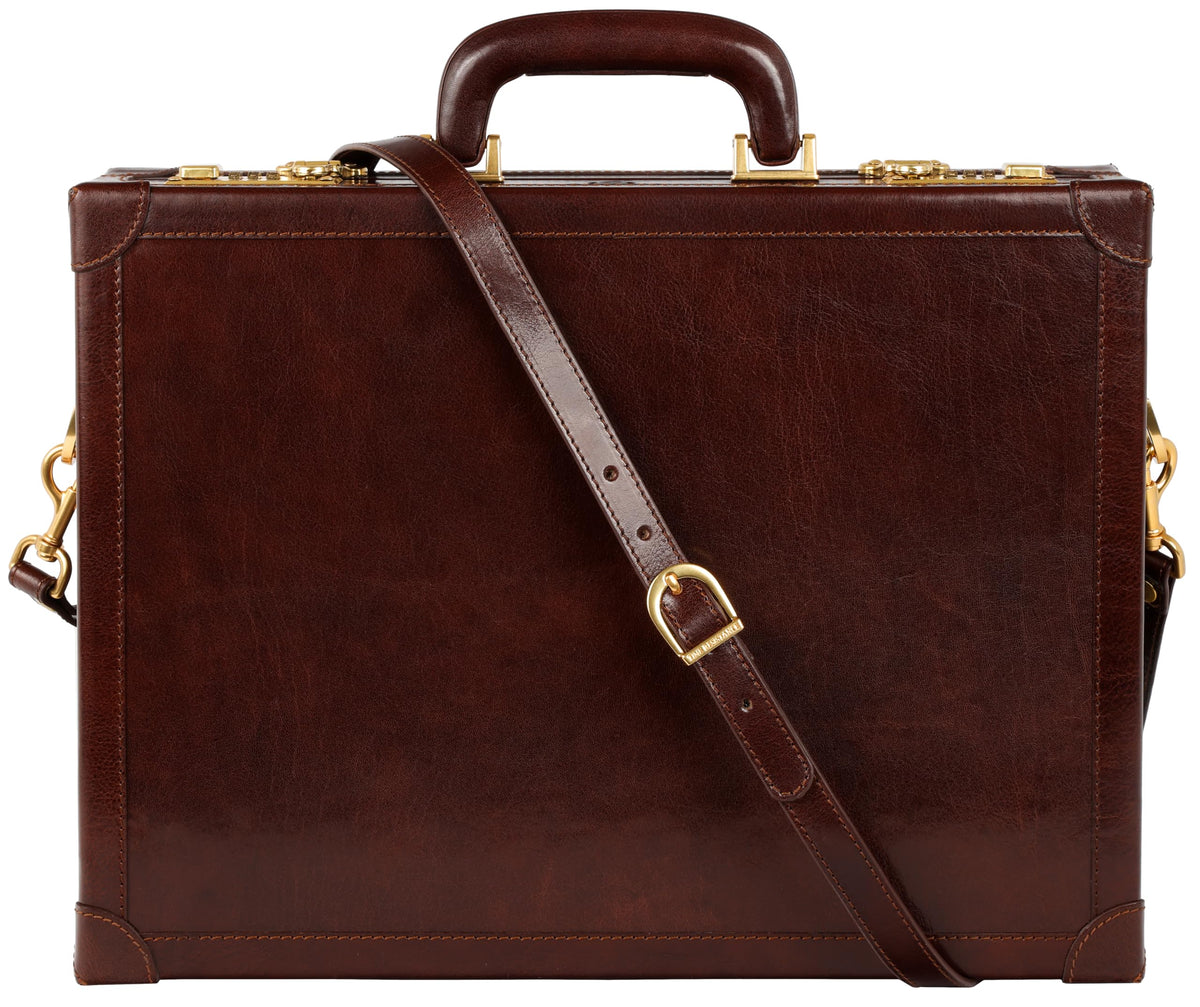 Time Resistance Leather Attache Case - Full Grain Italian Leather Briefcase - Laptop Bag up to 15” - Hard Case with Lock (Brown)