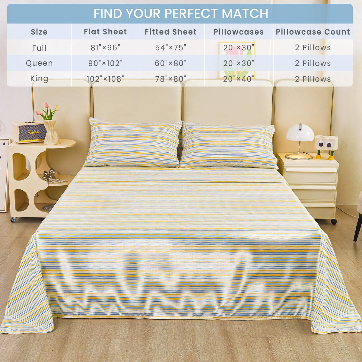 Mooreeke Striped Queen Bed Sheets, Deep Pocket 4 Piece Queen Sheet Set, Soft Microfiber Blue Yellow Pinstripe Bedding Sheets & Pillowcases