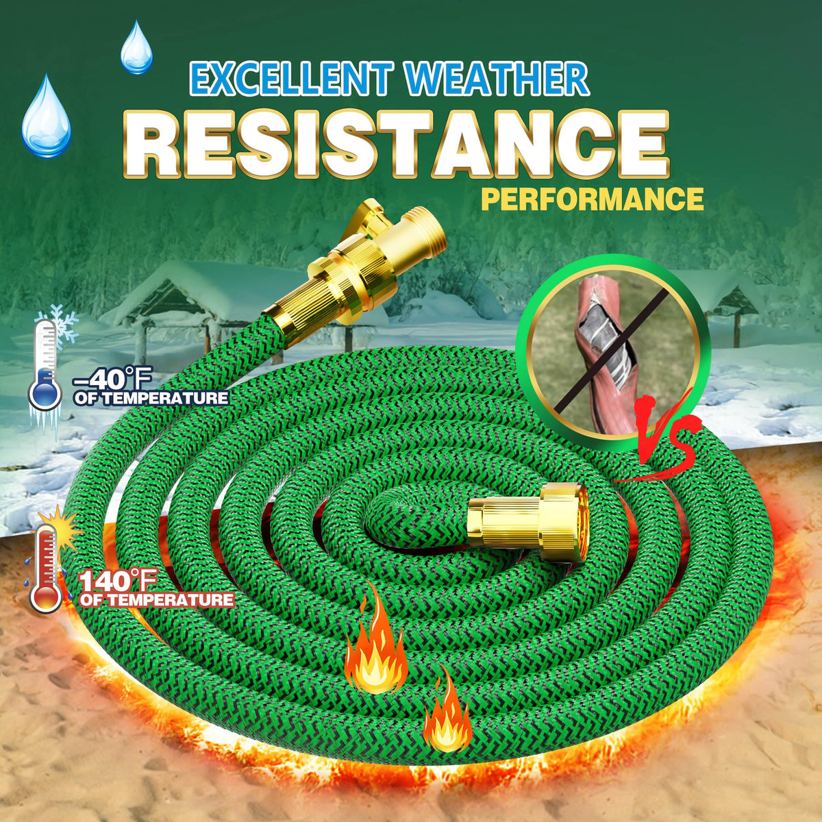 Non-Expanding Garden Hose 100ft, Flexible Weather-resistance Water Hose with 3/4" Solid Leakproof Connector, Knot-free & Anti-cracking & Durable Garden Hoses for Outdoor Watering Cleaning