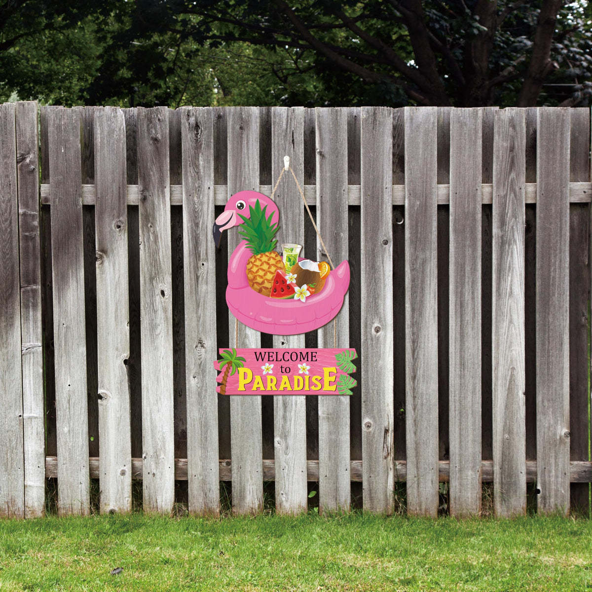 HOURIA Welcome to Paradise Door Sign(16”*11.4”), Pink Flamingo Hawaiian Summer Beach Wall Hanging Sign, Summer Coastal Tropical Fruit Coconut Tree Door Decor for Front Door Porch Pool Yard Beach Bar