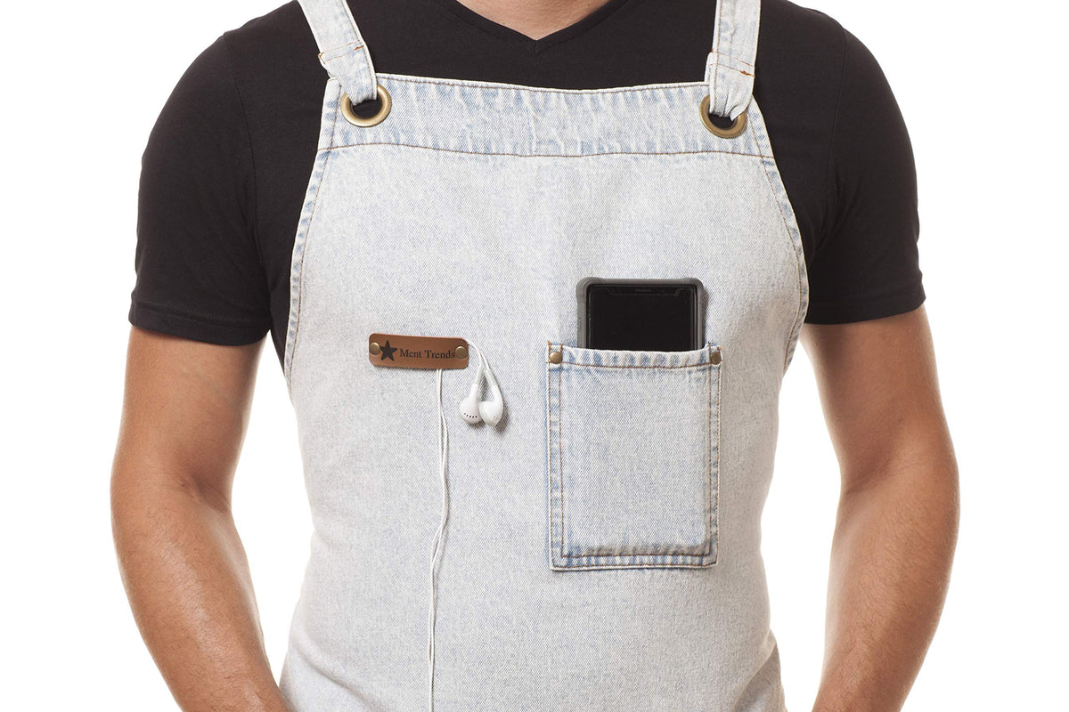ARAWAK BRAVE Distressed Denim Apron Chef Kitchen BBQ Grill Light Blue Towel Loop + Quick Release Buckle + Tool Pockets Adjustable M to XXL