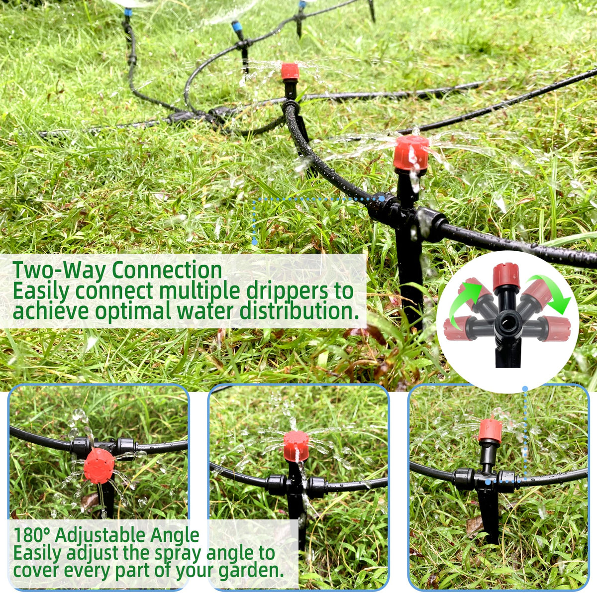 10PCS Push-to-Connect Drip Irrigation Emitters for 1/4 inch Irrigation Tubing, Two-Way Connection Adjustable Drip Emitter Sprayer with Stake, Irrigation Dripper Sprinklers for Drip Irrigation System