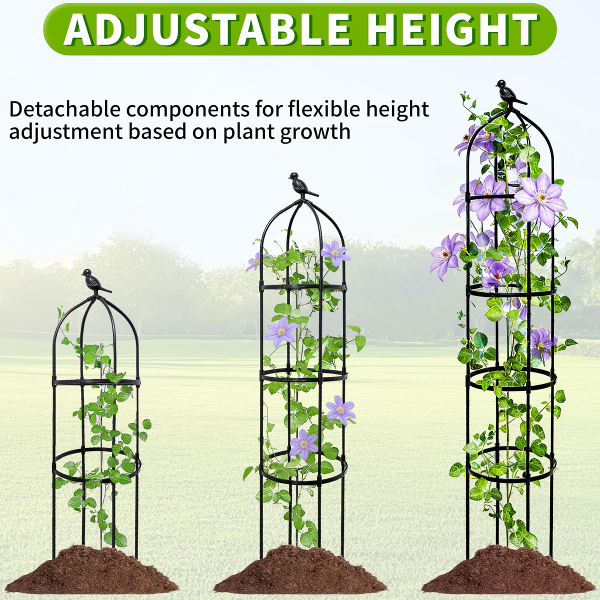 4-Pack 6FT Garden Obelisk Trellis for Climbing Plants,Adjustable 4-Tier Metal Plant Support,Rustproof Outdoor Plant Tower with 3 Decorative Tops for Roses,Tomatoes,Clematis & Vines,Black