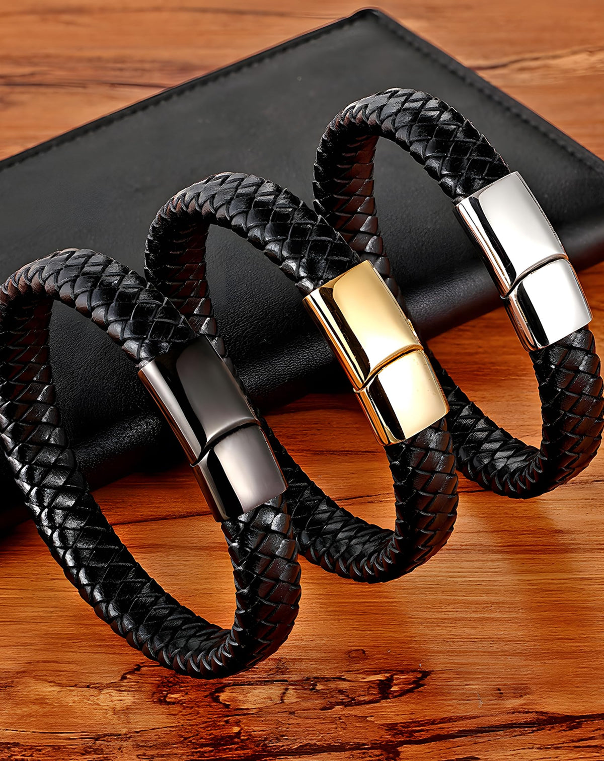 Deerllia Leather Bracelet for Men, Braided Cuff with Stainless Steel Clasp Stacked Multi Style Color Anniversary Father's Day Birthday Christmas Jewelry Gifts for Him, Silver Clasp Black Leather