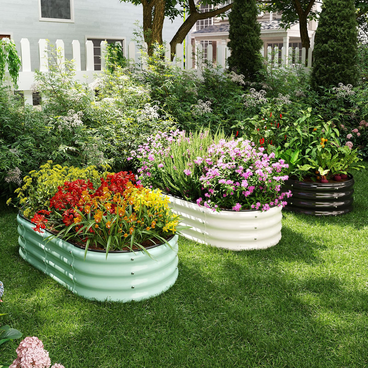 ZFHgarden Galvanized Metal Planter Round Raised Garden Bed Kit for Gardening Outdoor，2x2x1ft Grow Garden Box Raised Flower Bed，Round Galvanized Planter Outdoor Metal Fire Pit Ring White