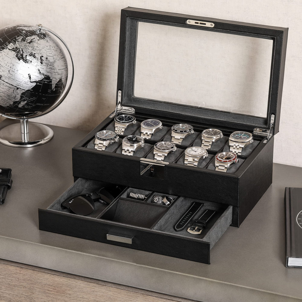 ROTHWELL 10-Slot Watch Box in Leather with Valet Drawer, Luxury Watch Case Display Organizer with Ultra Soft Microsuede Liner, Jewelry and Sunglass Holder With Large Glass top (Black/Grey)
