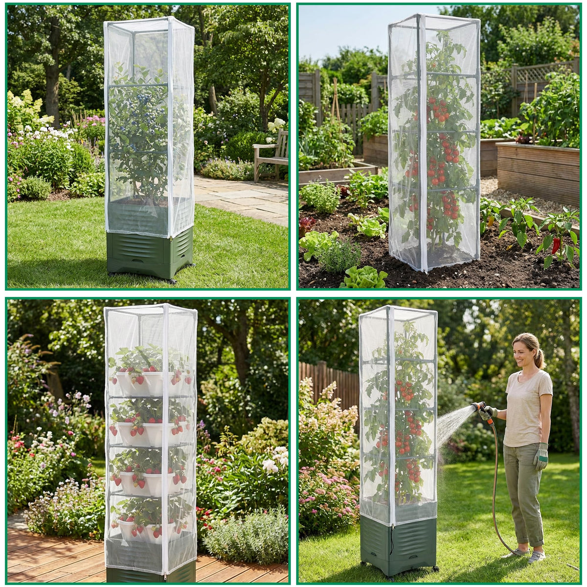 2 Pcs Garden Bird Netting Plant Cover for Square Tomato Cage, 59" x 17.7" Insect Bird Barrier Tomato Cage Net with Zipper & Drawstring, Tomato Trellis Netting Protection Cover for Protecting Plants