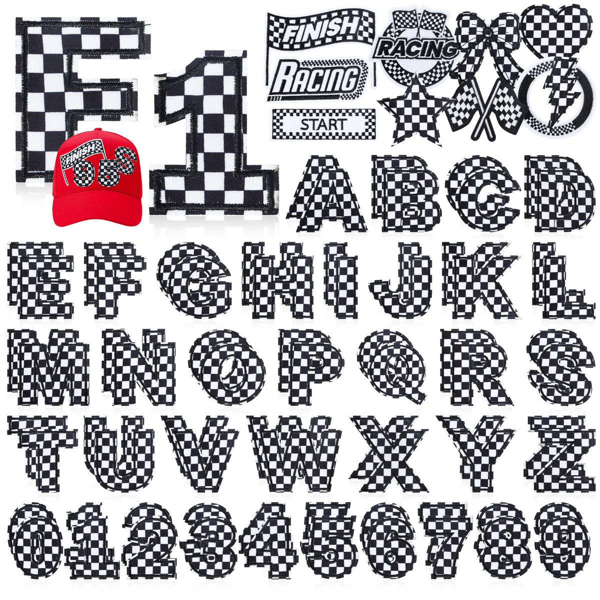 Meneng Letters and Numbers Patches for Racing: 82 Pcs Iron On Checkered Letters with Car Patches - Embroidered Flag Lightning Patch for Jacket Hat Customization