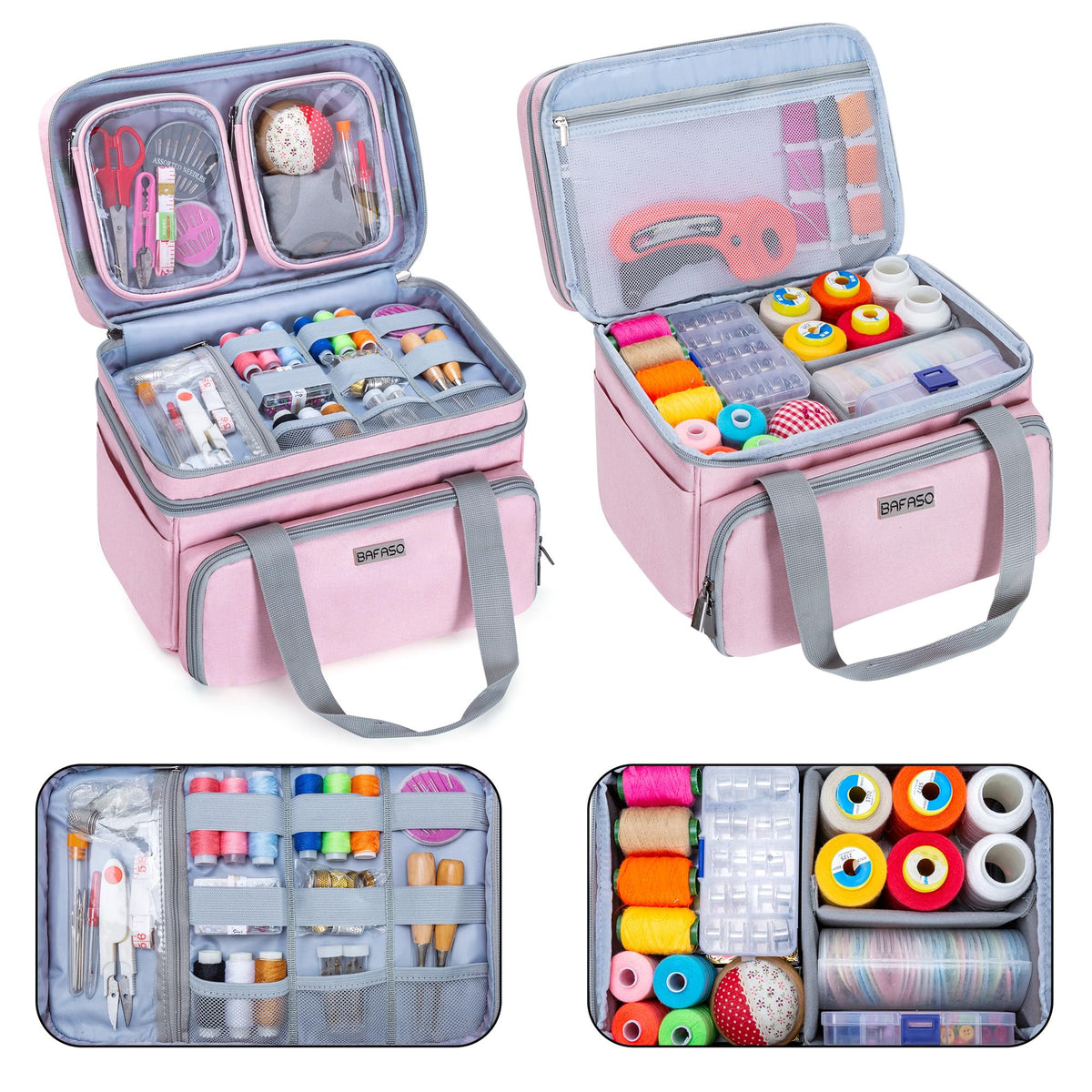 BAFASO Double Layer Sewing Accessories Organizer with 2 Detachable Pouches, Large Sewing Storage Bag for Sewing Tools (Bag ONLY), Pink