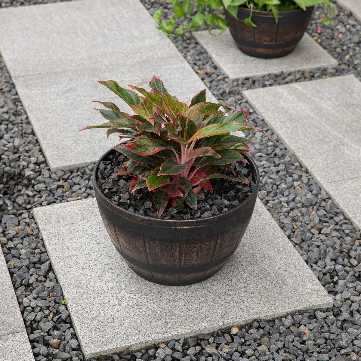 Brown Outdoor Rustic Half Barrel Flower Garden Planter Bowl, Plastic, Medium