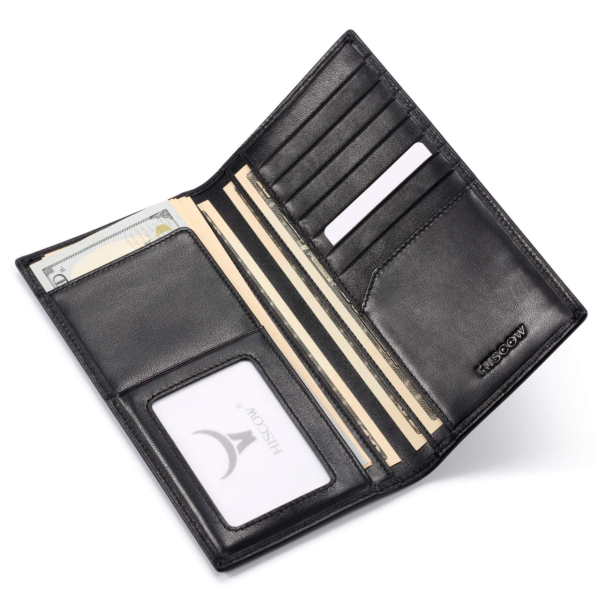 HISCOW Slim Leather Long Wallet for Men & Women, Italian Calfskin, Breast Pocket Wallet for Checkbook, Credit Cards (Black)