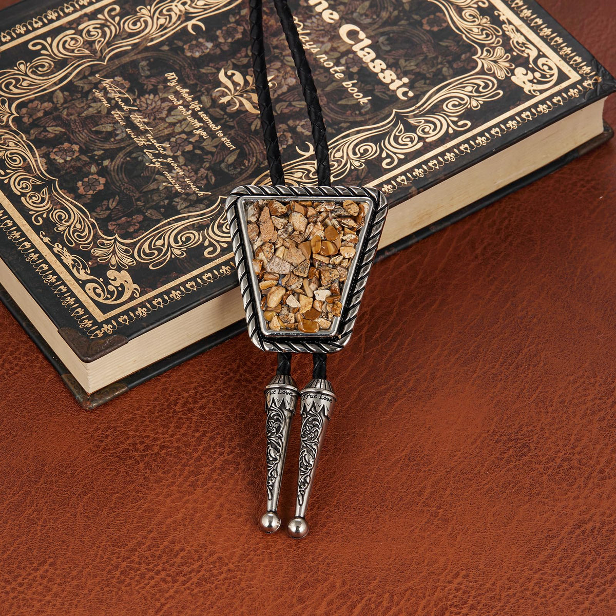 YOQUCOL Native American Khaki Color Crushed Stone Bolo Tie Hand-woven Leather Bola Ties Necklace for Men Women
