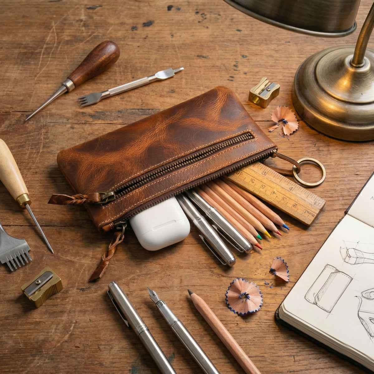 LEATHER TOWN Leather Pencil Case Pouch 8" x 4" - Leather Pen Case with Zipper (Brown)