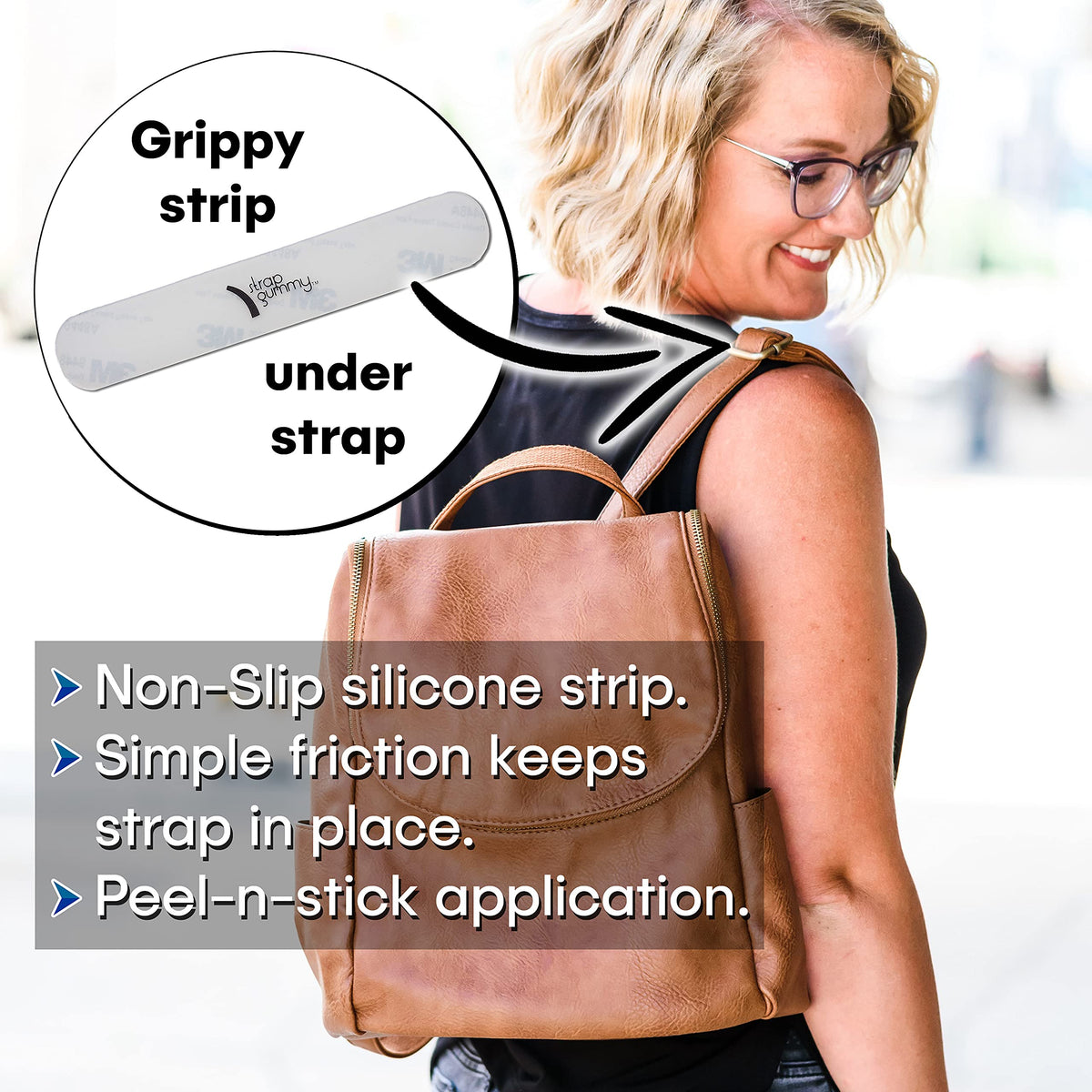 Strap Gummy - Stop Strap Slips - the ORIGINAL Shoulder Strap Grip Non Slip Strips - Set of 6 pieces, Semi-Clear