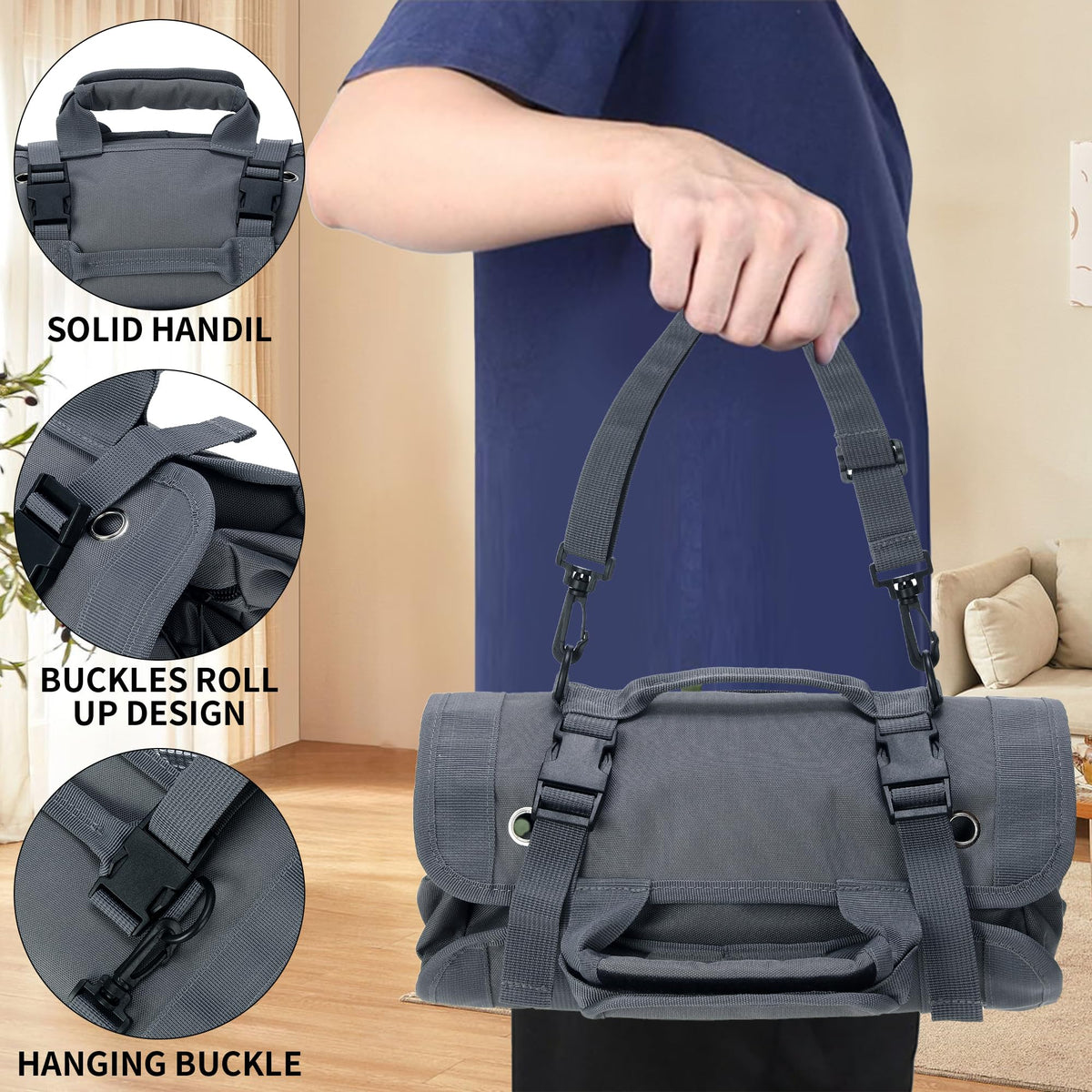 W WINTMING Tool Roll Bag, Tool Bag Organizer, Tool Carrier Roll UP Storage Pouches with 6 Zipper Pockets & Strap, Gifts for Men Mechanic Electrician Hobbyist (Gray)