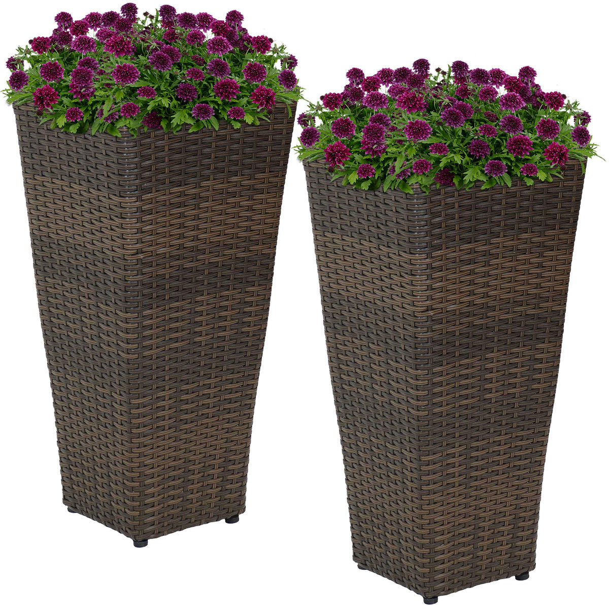 Sunnydaze Square Tall Wicker Outdoor Planter Set of 2 - Polyrattan Large Outdoor Planters for Porch, Patio or Garden - 24" Tall Plant Pots - Brown