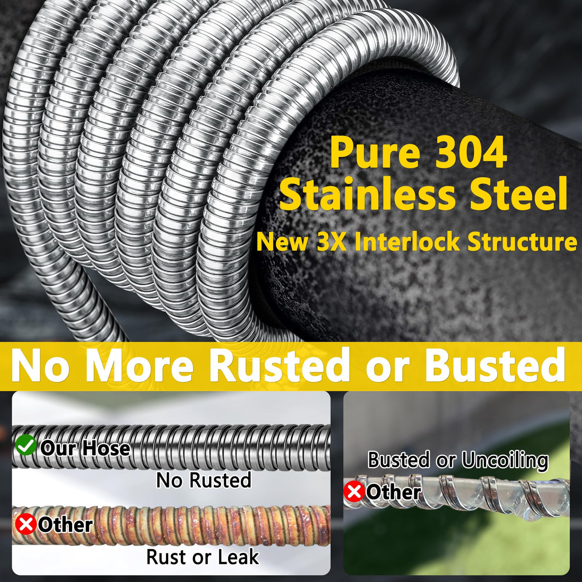 150 ft Stainless Steel Garden Hose - 2026 New Upgraded Metal Water hose - Flexible Water Hoses Pipes with Latex Core, 3/4" Solid Brass Connector - No-Expandable Watering Garden Hoses