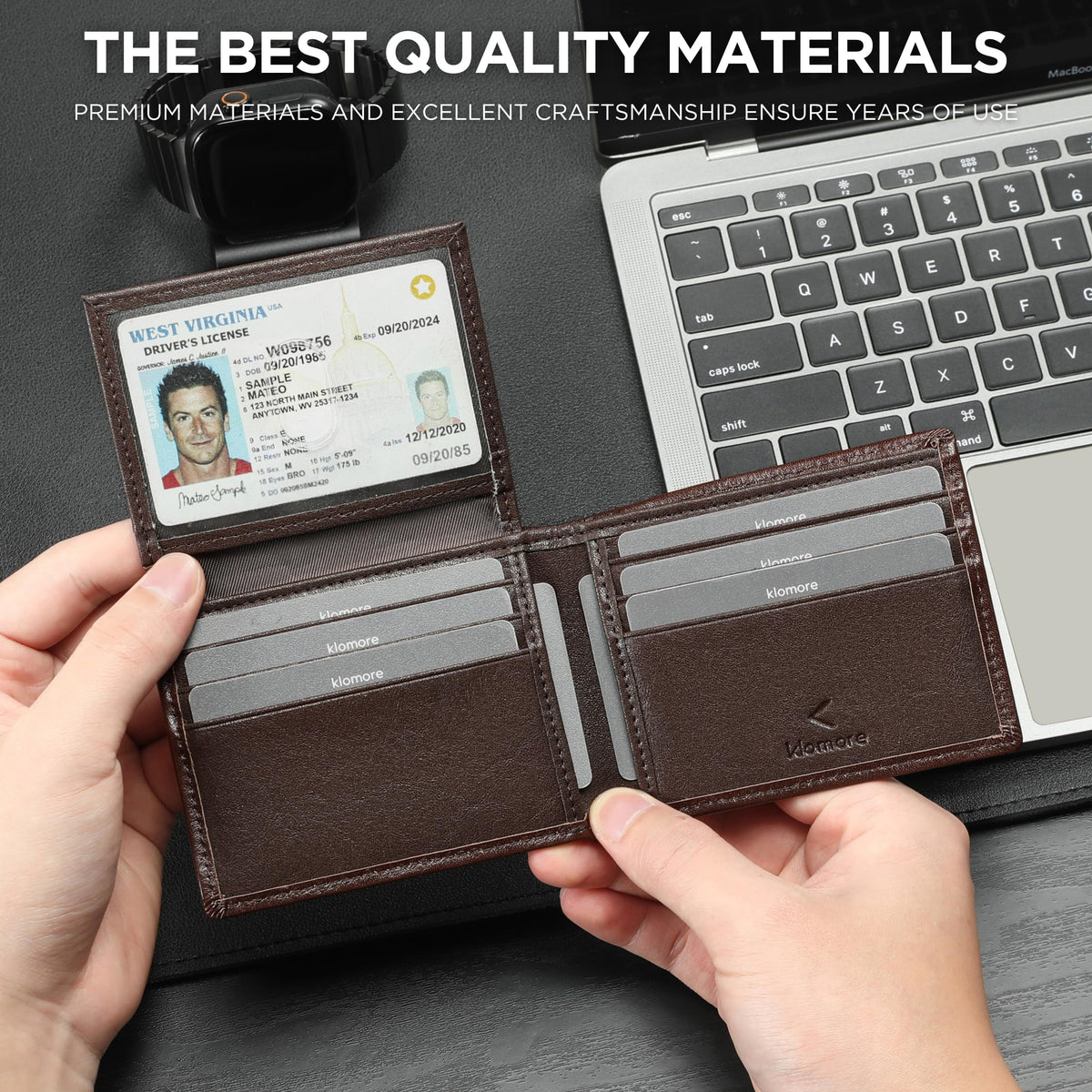 KLOMORE AirTag Chain Wallets for Men (Airtag Not Included), Sleek and Slim, RFID Blocking Genuine Leather Bifold Mens Wallet Includes ID Window Credit Card Holder with Sturdy Chain