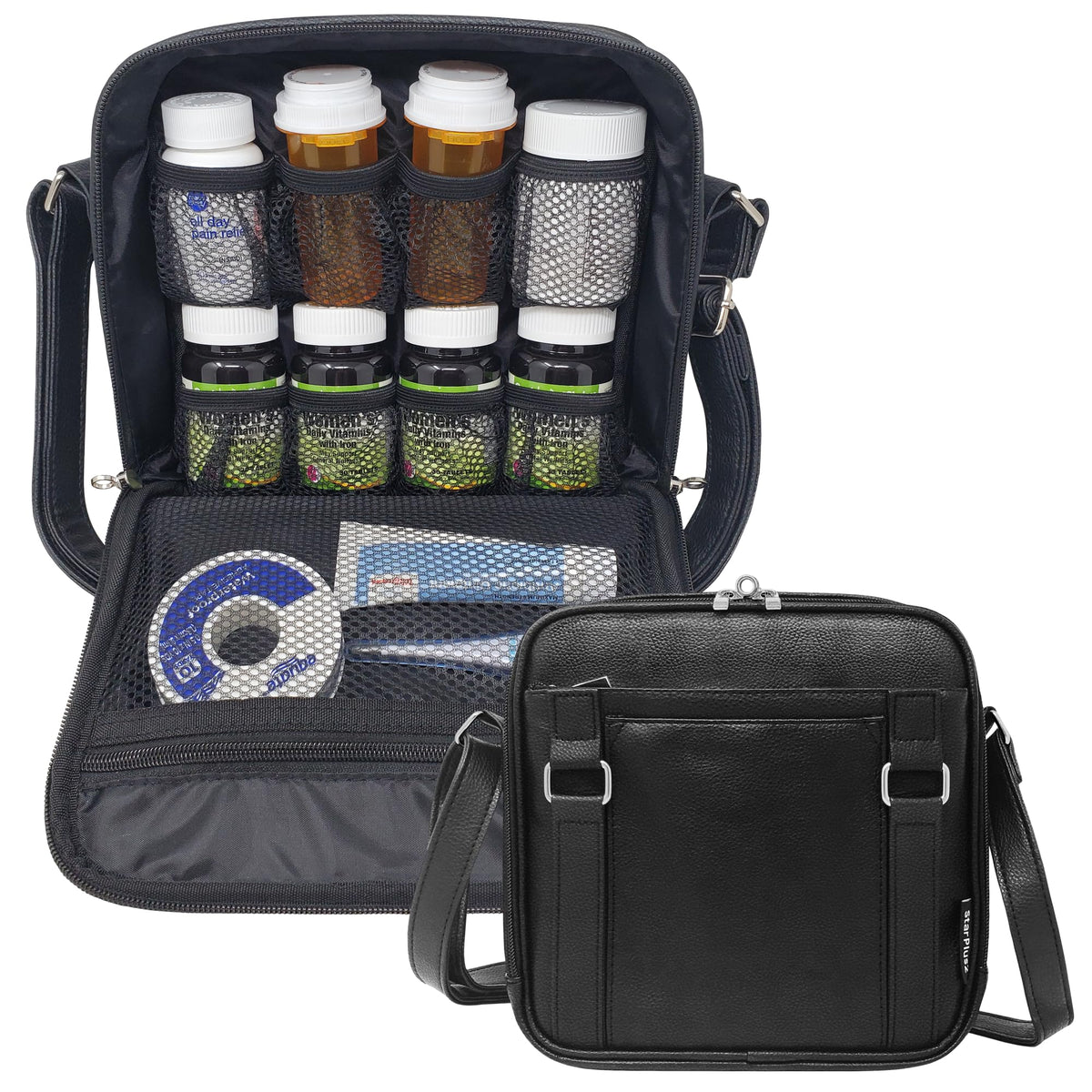 StarPlus2 Medium 2-in-1 Pill Bottle Organizer, Crossbody PU Leather Purse for Women, Medicine Bag, Case, Carrier for Medications, Travel Medicine Organizer, Med Bag - Black (Without Lock)