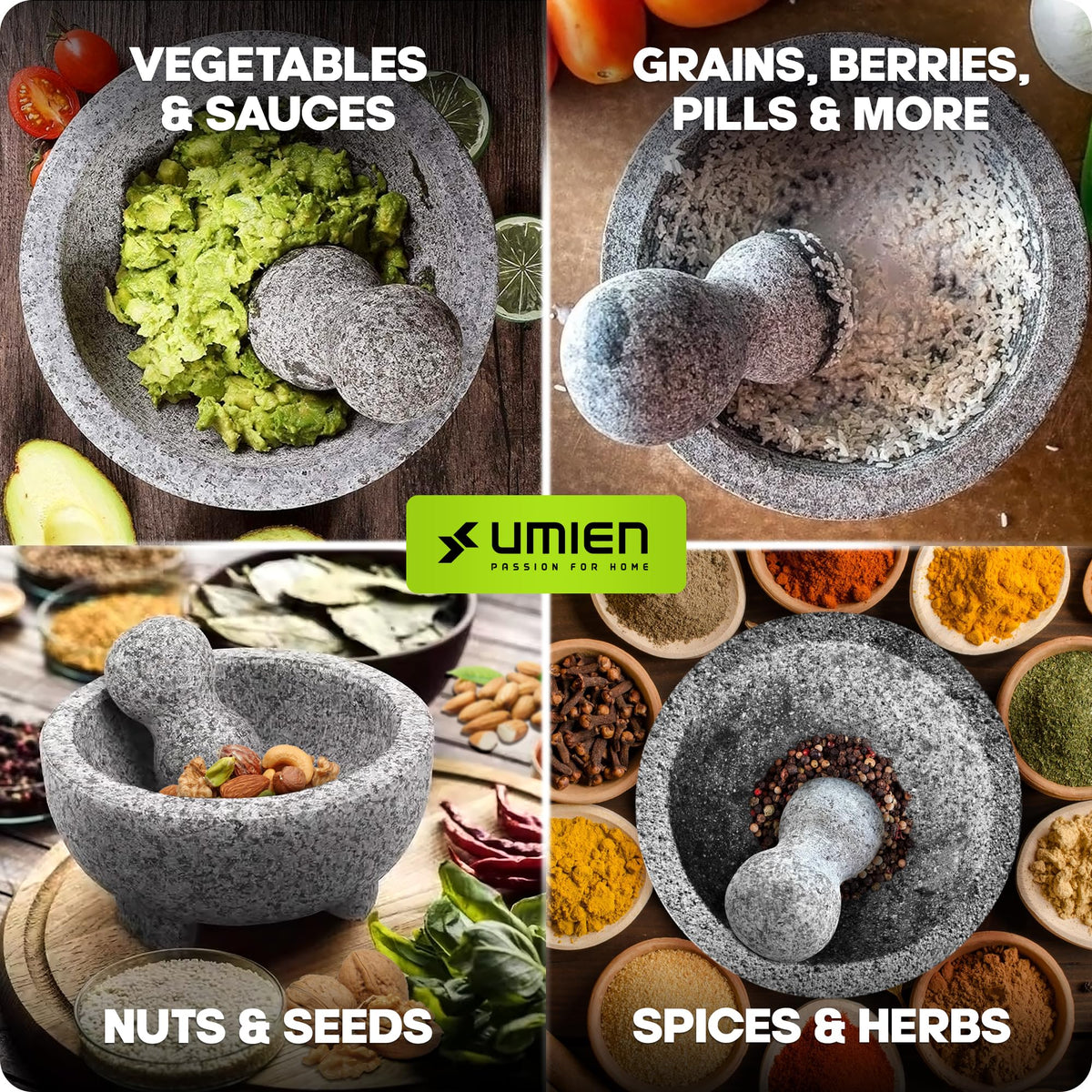 Umien Granite Mortar and Pestle Set - 8-Inch Natural Stone Molcajete with Avocado Tool - 3.5 Cup Capacity for Spices, Herbs, Pestos & Guacamole - Premium Kitchen Gift (Grey)