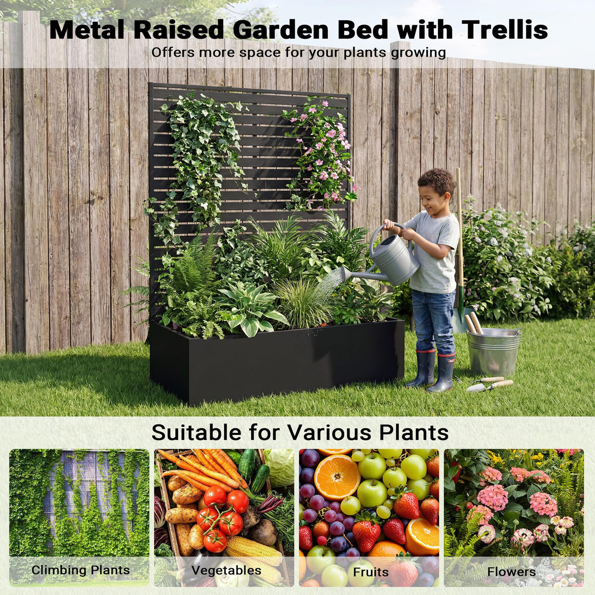 seethmi Metal Raised Garden Bed with HDPE Trellis, 45"x16"x59" Planter Box for Vegetables & Climbing Plants, Outdoor HDPE Privacy Screen Planter with Drainage Holes for Patio, Backyard, Garden