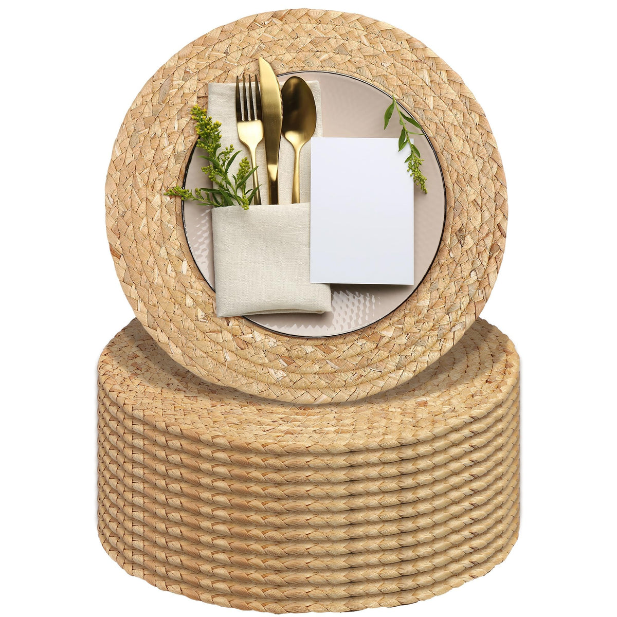 Kochorie Set of 12 Round Woven Placemats 12-Inch Natural Water Hyacinth Plant Placemats Hand-Woven Boho Rattan Placemat Wicker Weave Table Mats for Home Dinner Plates Holiday Supplies