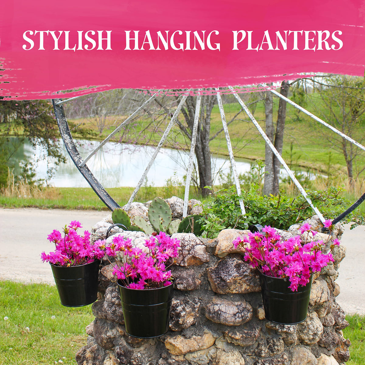 Darware 5-Pack of 6-Inch Black Metal Hanging Flower Pots with Drainage Holes for Indoor/Outdoor Use