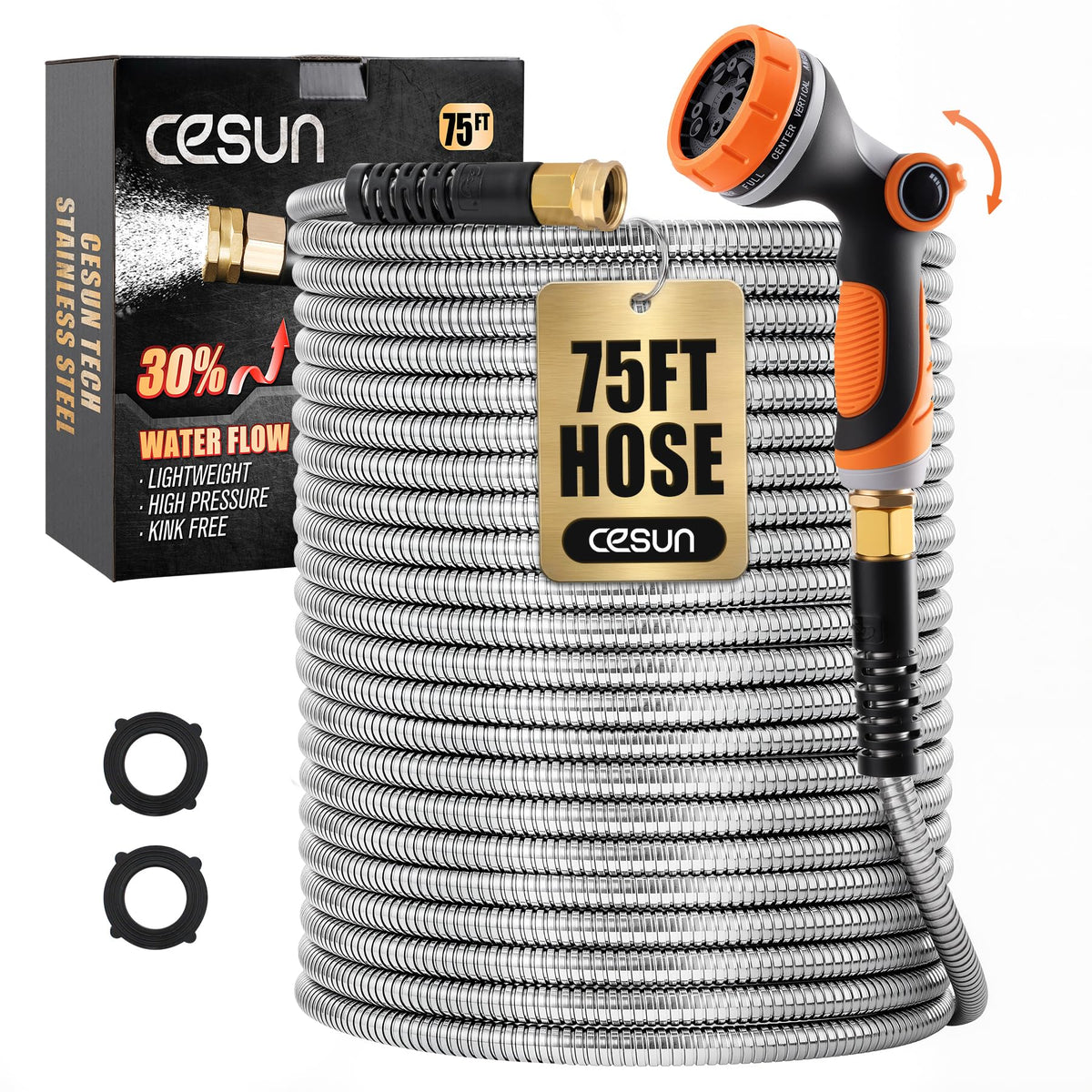 Cesun 75 ft Metal Garden Hose, Stainless Steel Heavy Duty Water Hose With 10 Function Nozzle, No Kink & Flexible, Lightweight and Durable, Rust Proof for Yard, RV, Pet Bath, Outdoor, 75 foot x 5/8"