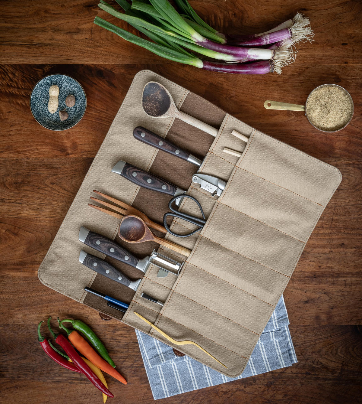 Angus Stoke knife roll bag made of real buffalo leather | 14-slot leather knife case for chef's knives - large knife bag Duplex (brown)