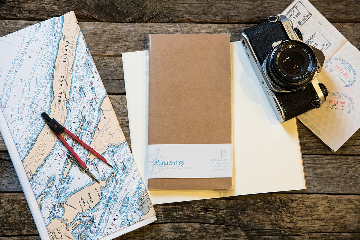 WANDERINGS Blank Regular Size Travelers Notebook Inserts | 4.25" x 8.25" (11 x 21cm) | 100 GSM Paper | 3 Hand-sewn Booklets/180 Pages | Travelers Notebook Refills for Journals, Diaries, Planners
