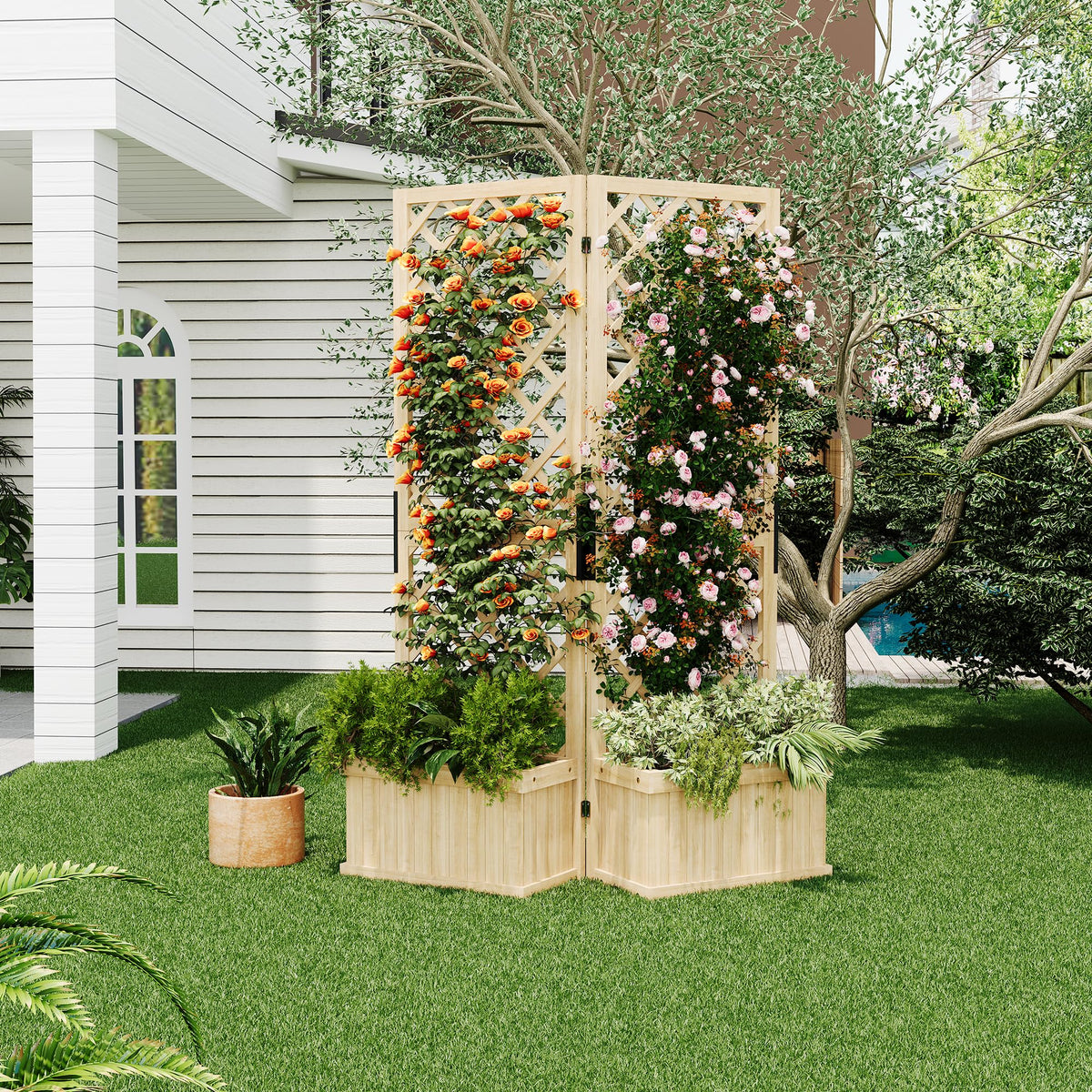 Cedar Privacy Screen with Planter Box - 2-Panel Freestanding Garden Fence, 41 in x10 in x65 in Tall Outdoor Divider with Drain Holes & Raised Bed for Patio, Deck & Backyard (Natural Wood)