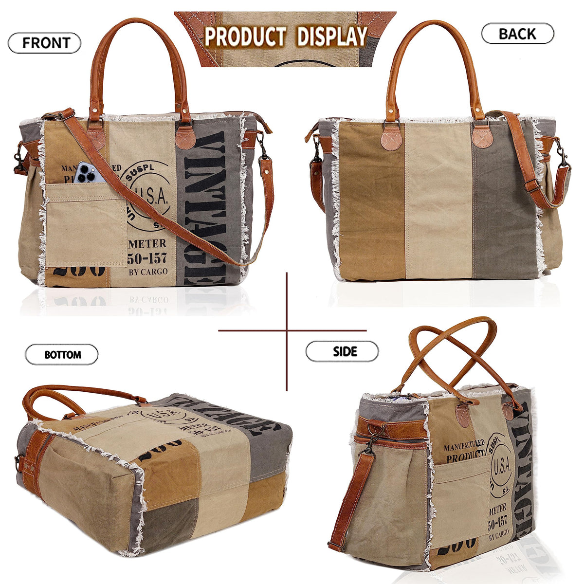 CLA Bags SEL de MER Large Upcycled Canvas & Cowhide Leather Crossbody Tote Handbag for Women (Cream & Grey Color)