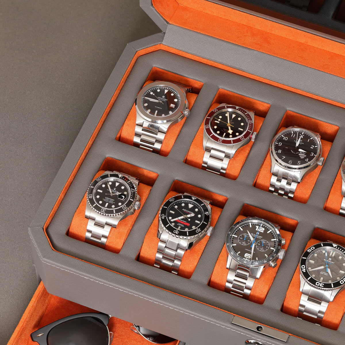 ROTHWELL 12 Slot Leather Watch Box with Valet Drawer - 12 Slot Luxury Watch Case Display Organizer, Microsuede Liner, Mens Accessories Holder, Jewelry Case, Jewelry Display Organizer (Grey/Orange)