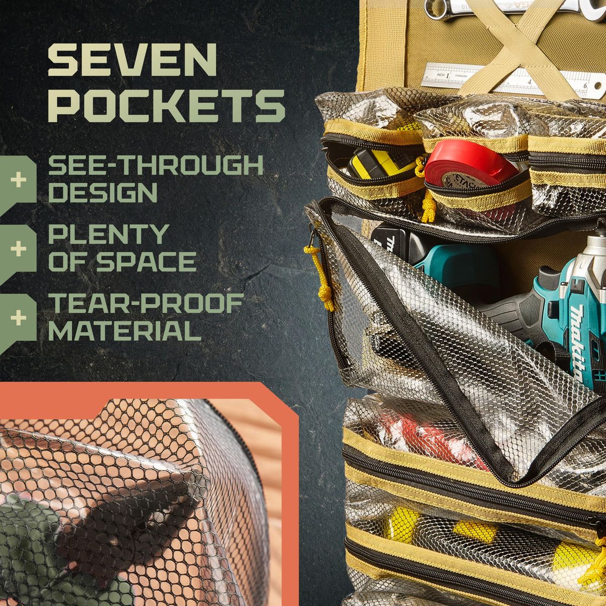 Myolnir Roll Up Tool Bag Organizer With Kickstand - Full-Size 25" Heavy Duty Tool Roll Bag - Portable Rollup Toolbag With Magnetic Panels & Transparent Pockets - Mechanic, Electrician & Tradesperson