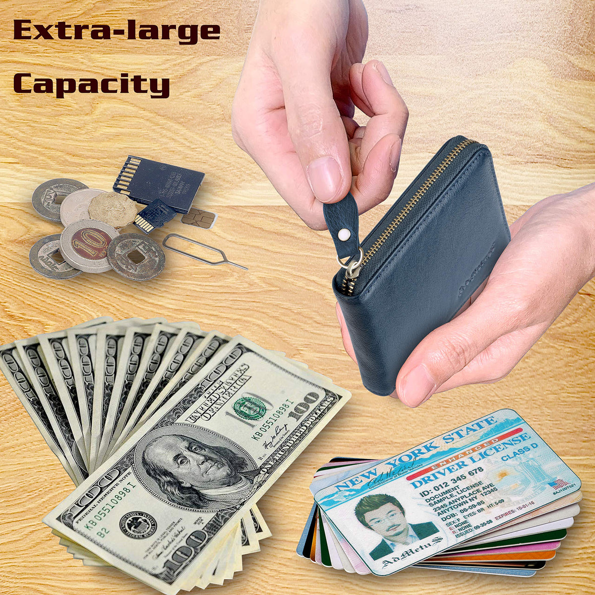 Admetus Men's Zipper Wallet Leather Bifold Wallets Slim RFID Blocking Zip Around Credit Card Holder Compact Small Wallet 2Navy Blue