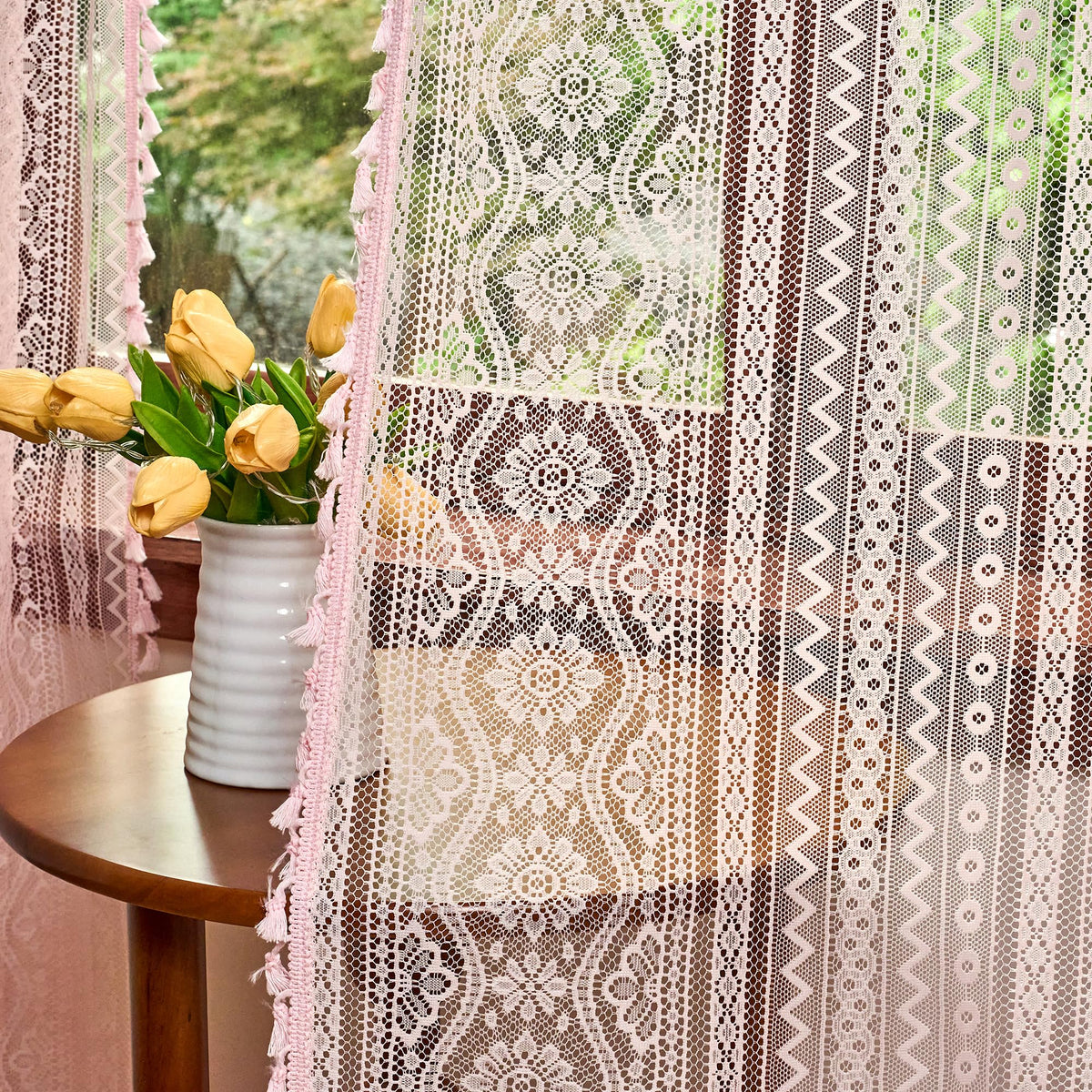 MYSKY HOME Pink Sheer Lace Curtains 2 Panels 90 inch Length for Girls Room Nursery Boho Vintage Floral Crochet Pattern Privacy Rod Pocket Tassels Small Windows Curtains, Wide 55 inch, 2 PCs