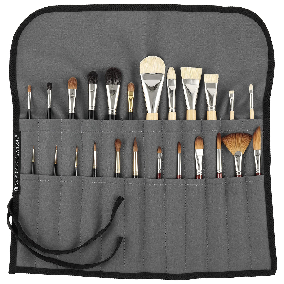 New York Central Professional Paint Brush Roll Up Case and Art Brush Organizer, Waterproof, LightWeight, Breathable and Tough, 20"X20" 3/8" Unrolled, Gray with Black Piping
