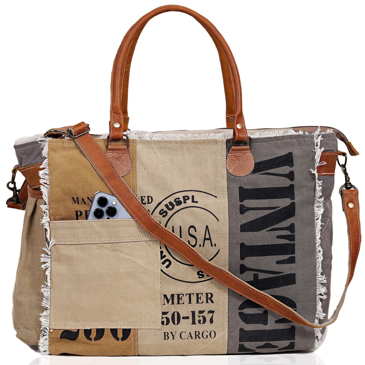CLA Bags SEL de MER Large Upcycled Canvas & Cowhide Leather Crossbody Tote Handbag for Women (Cream & Grey Color)