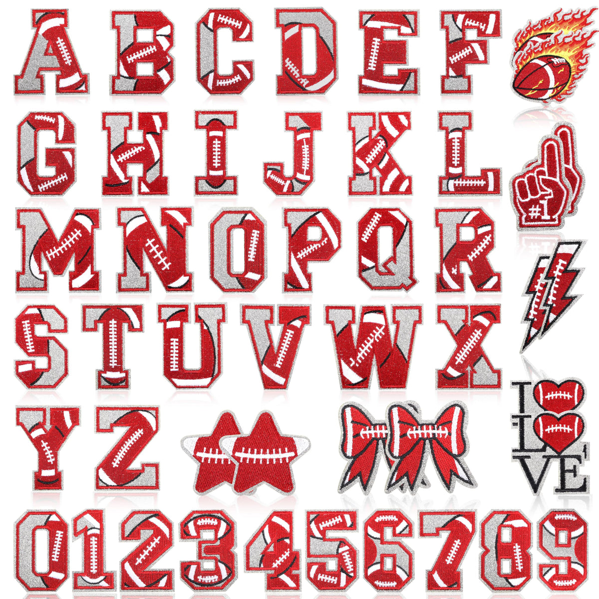 Meneng Football Iron On Letters Patches: 48PCS Glittering Embroidered Appliques A-Z Alphabet and 0-9 - Football DIY Crafts for Customizing Clothing Jackets Backpacks Hats Jerseys Name Number