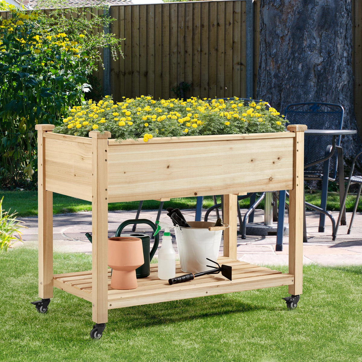 Yaheetech 42x23x33in Wooden Raised Garden Bed with Wheels Horticulture Flower Planter Boxes Elevated Vegetables Growing Bed for Grow Herbs and Vegetables
