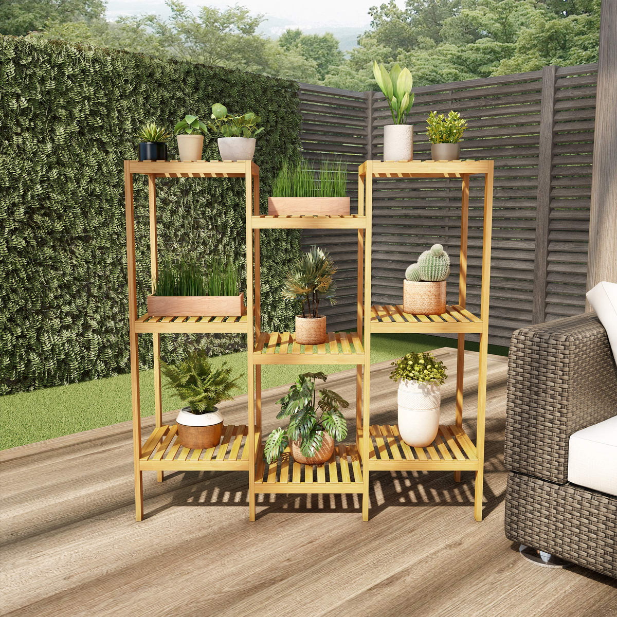 Multi-Level Plant Stand - Freestanding 9-Tier Bamboo Shelf - Indoor/Outdoor Shelving Unit for Storage, Flowerpots, Shoes, and Display by Pure Garden