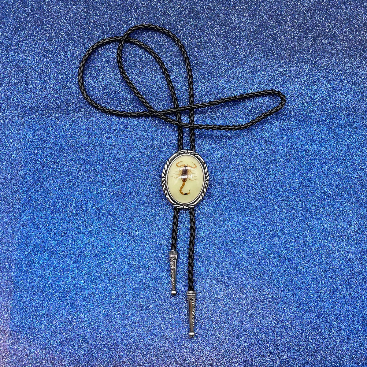 JPJZY BRBAM Minimalist Style Natural Stone Bolo Tie Oval Gemstone Pendant with Striped Border Leather Necktie for Men and Women Scorpion Luminous