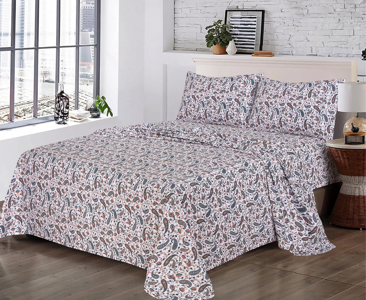 RUVANTI 100% Cotton Percale Sheets, Full Size, Teal Paisley