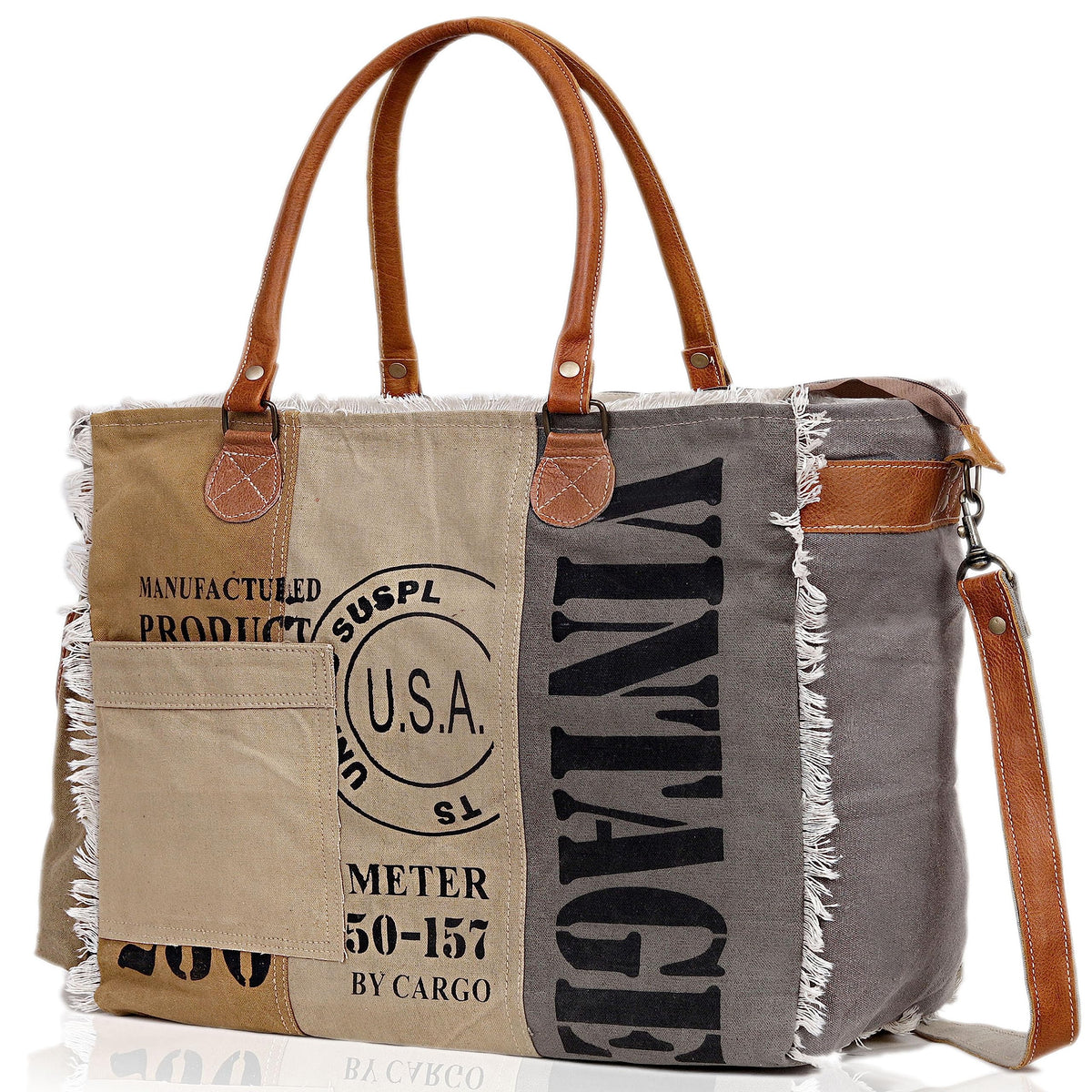 CLA Bags SEL de MER Large Upcycled Canvas & Cowhide Leather Crossbody Tote Handbag for Women (Cream & Grey Color)