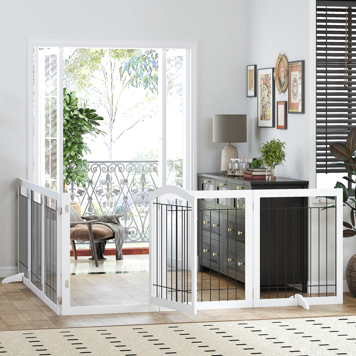 PAWLAND 144-inch Extra Wide 30-inches Tall Dog gate with Door Walk Through, Freestanding Wire Pet Gate for The House, Doorway, Stairs, Pet Puppy Safety Fence, Support Feet Included, White,6 Panels