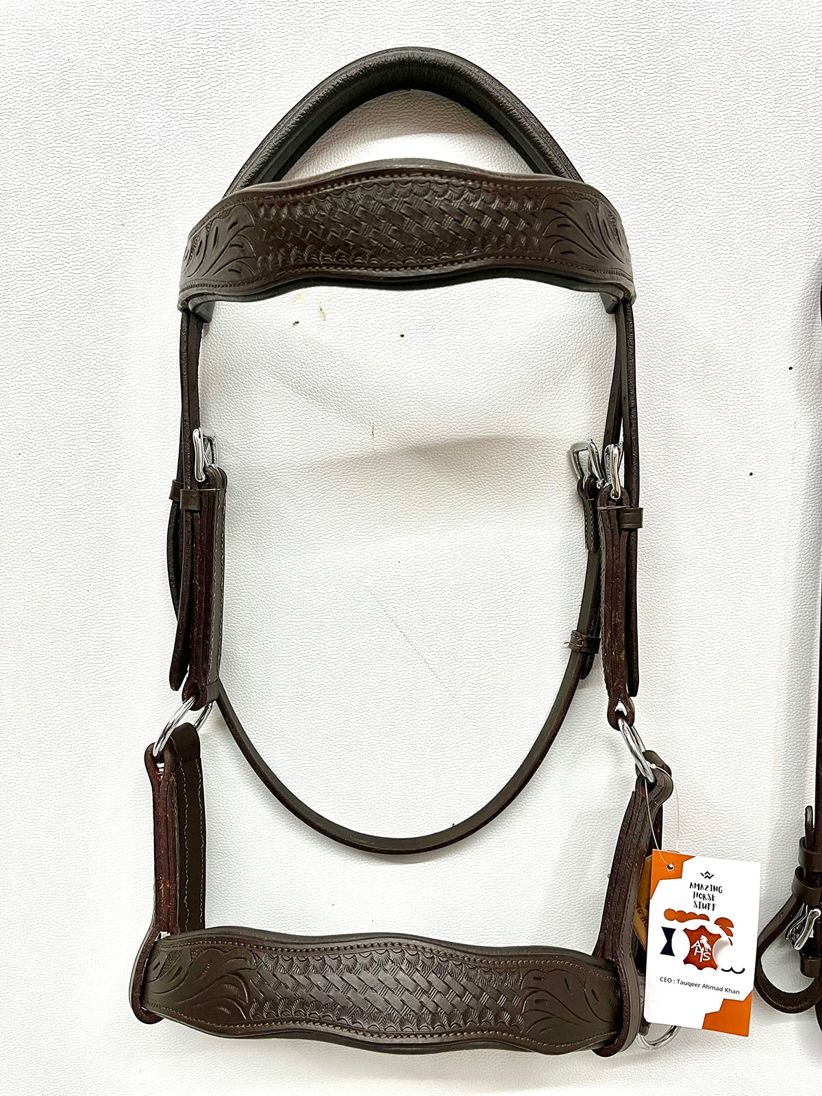 AMAZING HORSE STUFF Sidepull Bitless Bridle with Designer Hand Carving On Brow & Noseband Curved Shaped Brown (Full, Cob, Pony) (Pony)