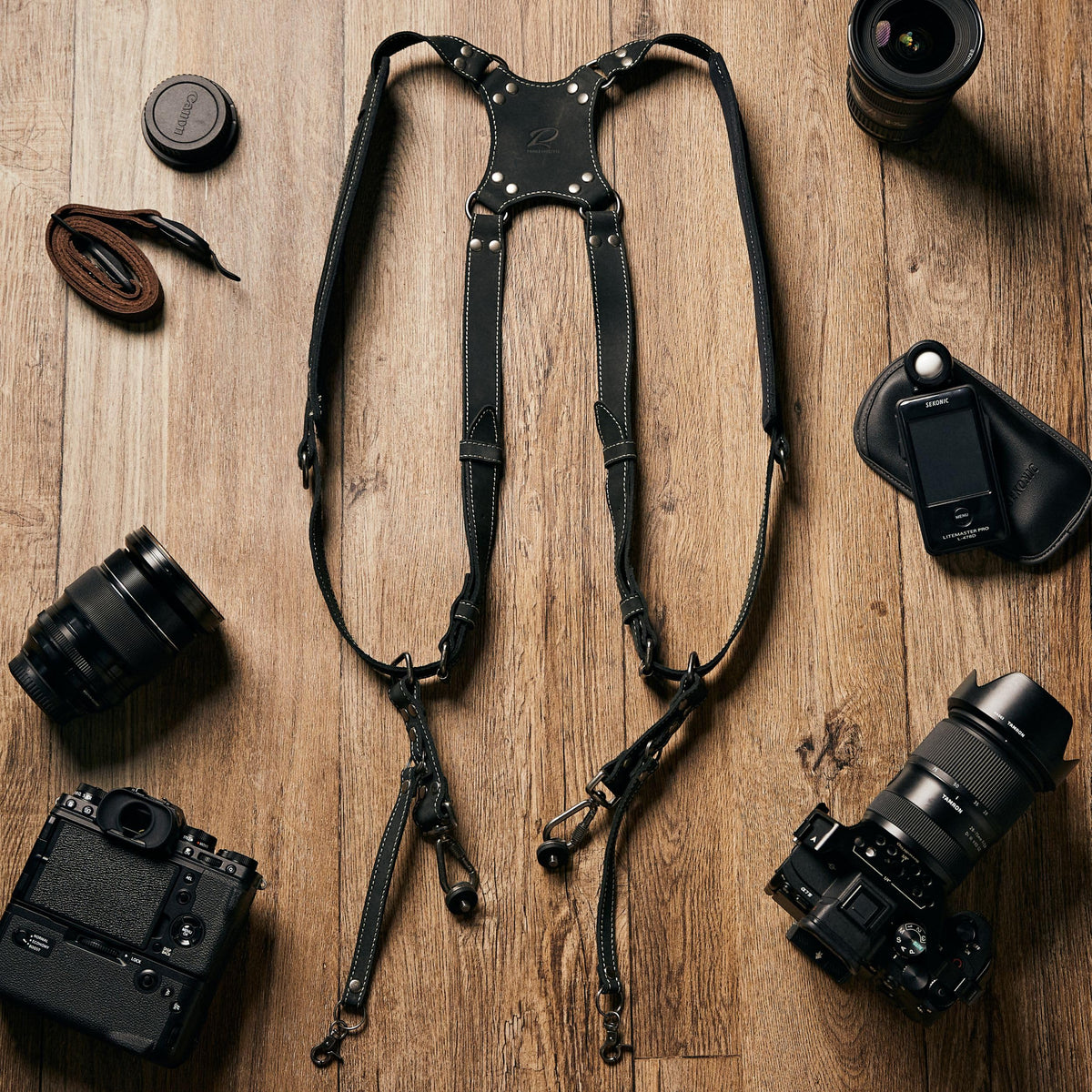 Padwa Lifestyle Black Frosted Dual Camera Harness Strap with Padded for Two Cameras -Full Grain Leather Dual Camera Harness,Multi Camera Gear for DSLR/SLR Strap,Double Camera Harness for Photographers