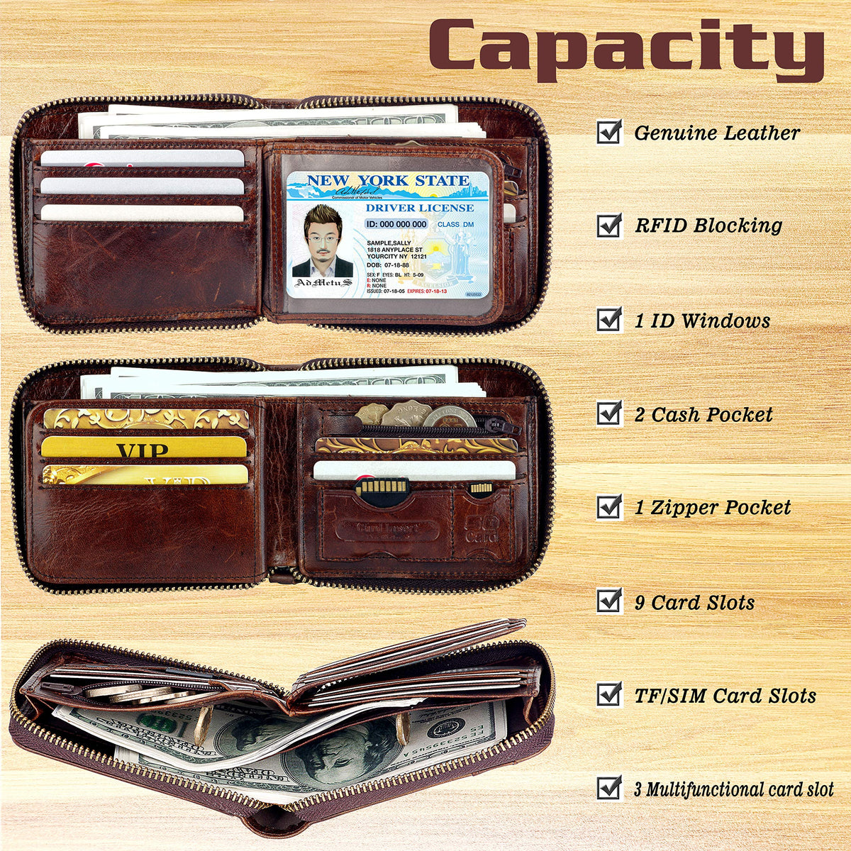 Admetus Men's Genuine Leather Short Zip-around Bifold Wallet (brown)